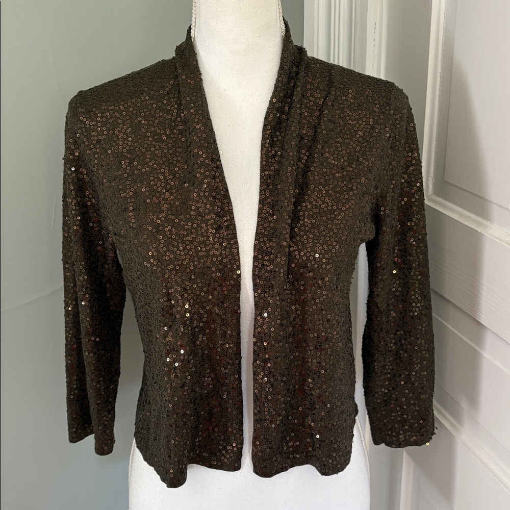 EILEEN FISHER Dark Green Loden Sequin Cropped Cardigan Silk Cotton Size XS‎
